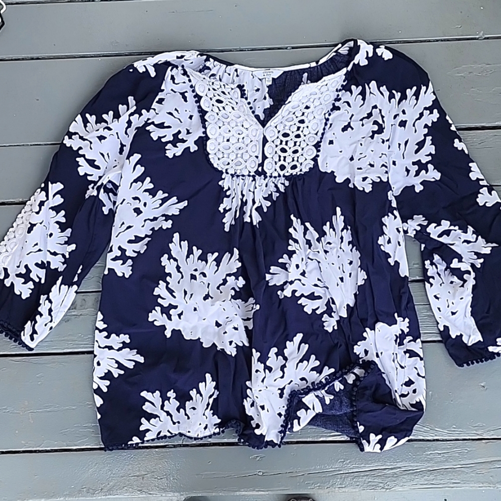 3/4 Sleeve Crown and Ivy, XL, navy and white